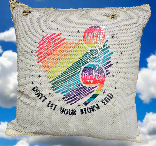 "Don't Let Your Story End" Suicide Awareness Sequin Mermaid Pillow